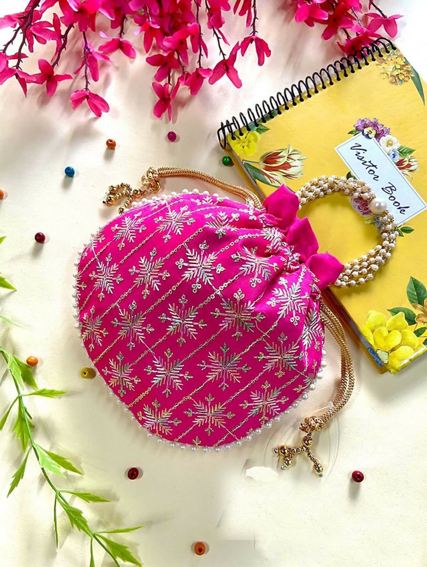 Joban Fashion Pearl Hand Work Potli Bag - Pink | Grocsy