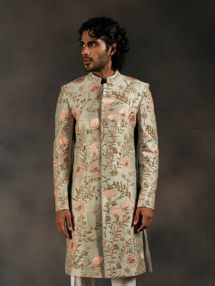 Pastel Green Hand Embroidered Indowestern Sherwani by Hilo Design | Grocsy