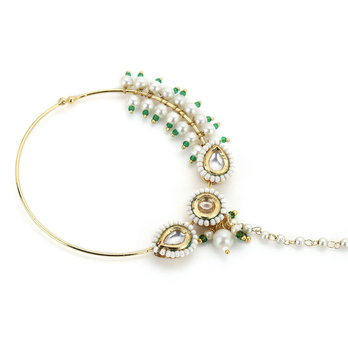 Gold-Polished White Kundan Studded Pearl Beaded Nose Pin - Ruby Raang | Grocsy
