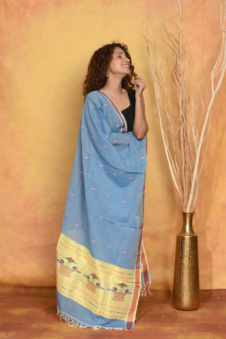 Very Much Indian Handloom Pure Cotton Paithani Dupatta - Powder Blue | Grocsy