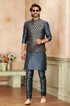 Raivat Ethnic Jacquard Banarasi Silk Woven Work 3 Pics Jacket Set In Dark Grey Colour | Grocsy