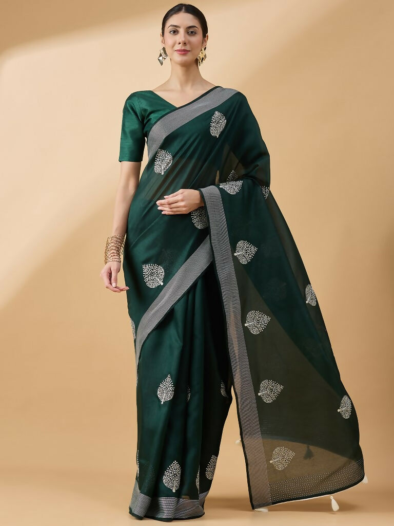 Green Cotton Blend Thread Embroidered Saree with Unstitched Blouse - Satya | Grocsy