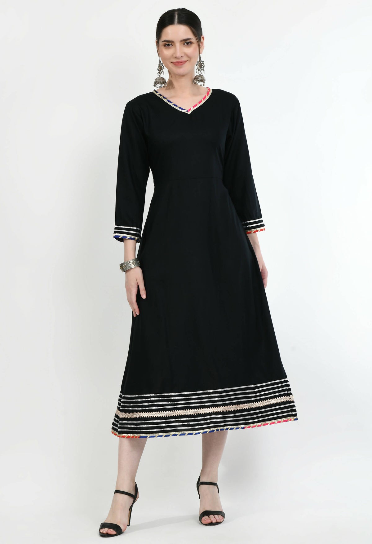 Women's Black Rayon Dress Embellished With Gota Work And Multi Lace - G & A Apparels | Grocsy