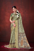 Pista Green Poly Habotai Silk Foil Print Saree with Unstitched Blouse - Kathari | Grocsy
