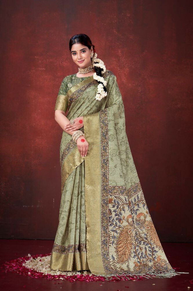 Pista Green Poly Habotai Silk Foil Print Saree with Unstitched Blouse - Kathari | Grocsy