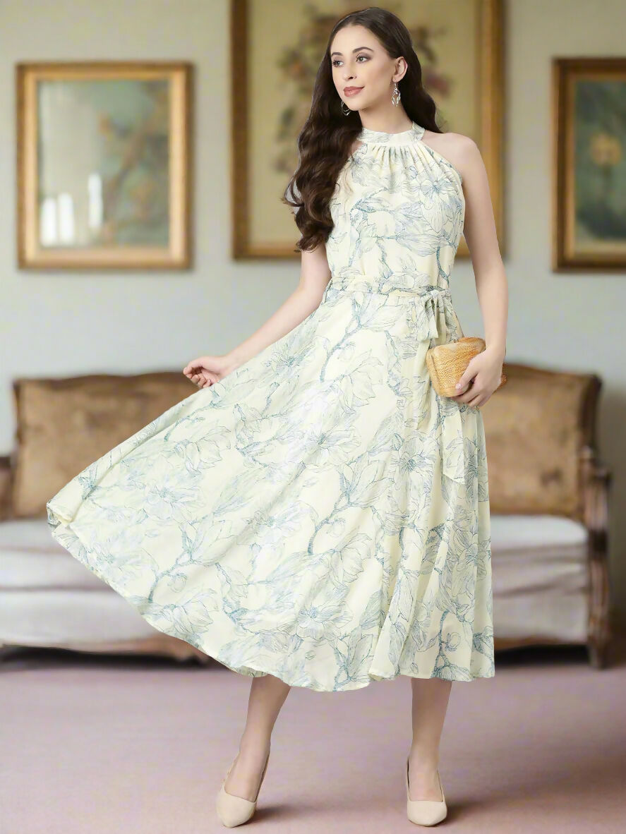 Souchii Cream & Blue Floral Chiffon Maxi Dress | Grocsy