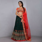 Jyoti Fashion Red & Bottle Green Thread & 3mm Sequence Embroidery Georgette Lehenga Choli with Dupatta | Grocsy