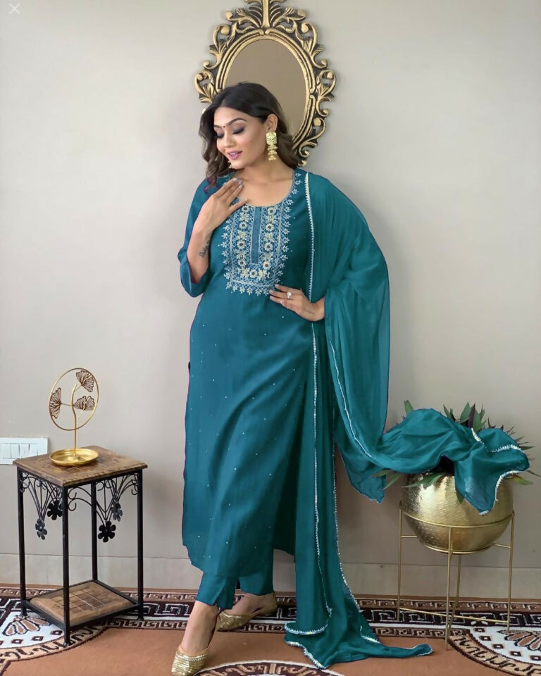 Partywear Designer Firozy Rayon Slub Stitched Suit With Dupatta - Tanisha | Grocsy