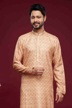 Raivat Ethnic Art Silk Digital Print Pintux Work Kurta Pajama In Peach Colour | Grocsy