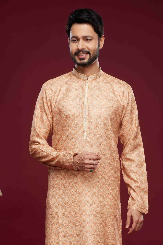 Raivat Ethnic Art Silk Digital Print Pintux Work Kurta Pajama In Peach Colour | Grocsy