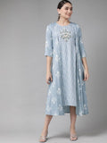 Yufta Women Blue & White Floral Printed Ethnic A-Line Midi Dress with Jacket | Grocsy