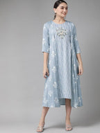 Yufta Women Blue & White Floral Printed Ethnic A-Line Midi Dress with Jacket | Grocsy