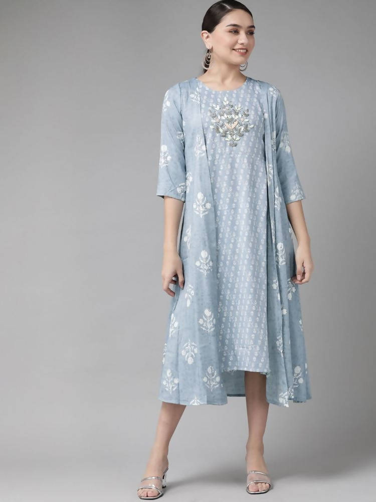 Yufta Women Blue & White Floral Printed Ethnic A-Line Midi Dress with Jacket | Grocsy