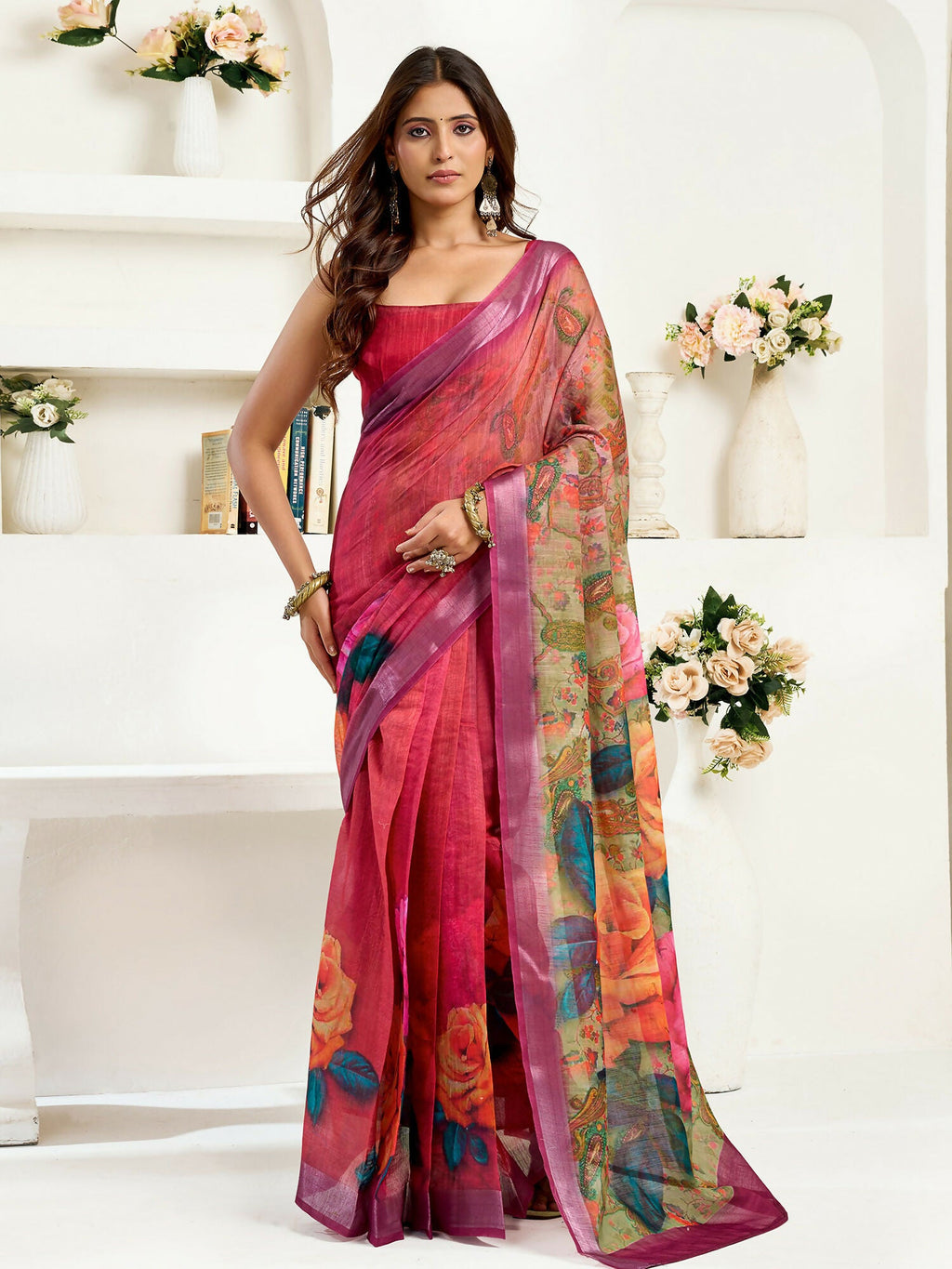 Joban Fashion  Onion Pink Floral Linen Ready To Wear Saree With Unstitched Blouse | Grocsy