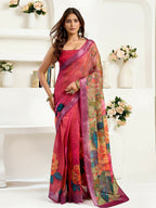 Joban Fashion  Onion Pink Floral Linen Ready To Wear Saree With Unstitched Blouse | Grocsy