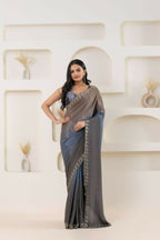 Grey Satin Pedding Designer, Printed Party Wear Ready To Wear Saree - Femina | Grocsy