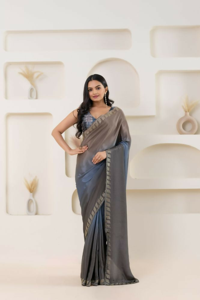 Grey Satin Pedding Designer, Printed Party Wear Ready To Wear Saree - Femina | Grocsy