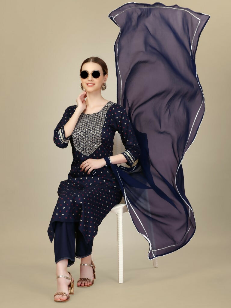Jyoti Fashion Women's Navy Blue Silk Blend Embroidery & Sequence work Kurta with Trouser & Dupatta | Grocsy