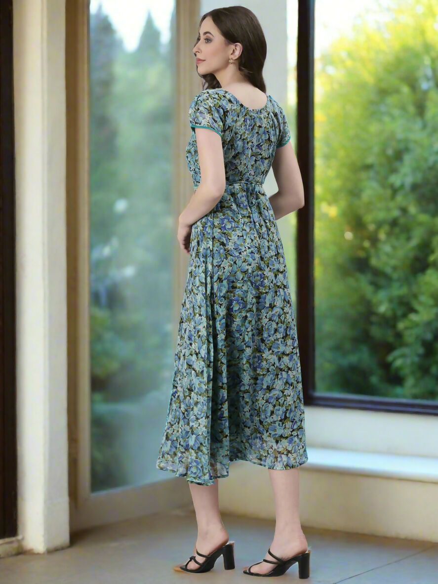 Souchii Teal & Blue Floral Printed Fit & Flare Dress | Grocsy