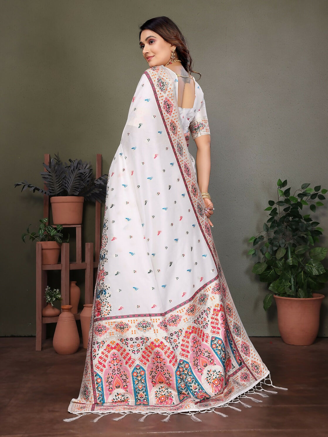 Joban Fashion White Thread Woven Pashmina Sarees | Grocsy