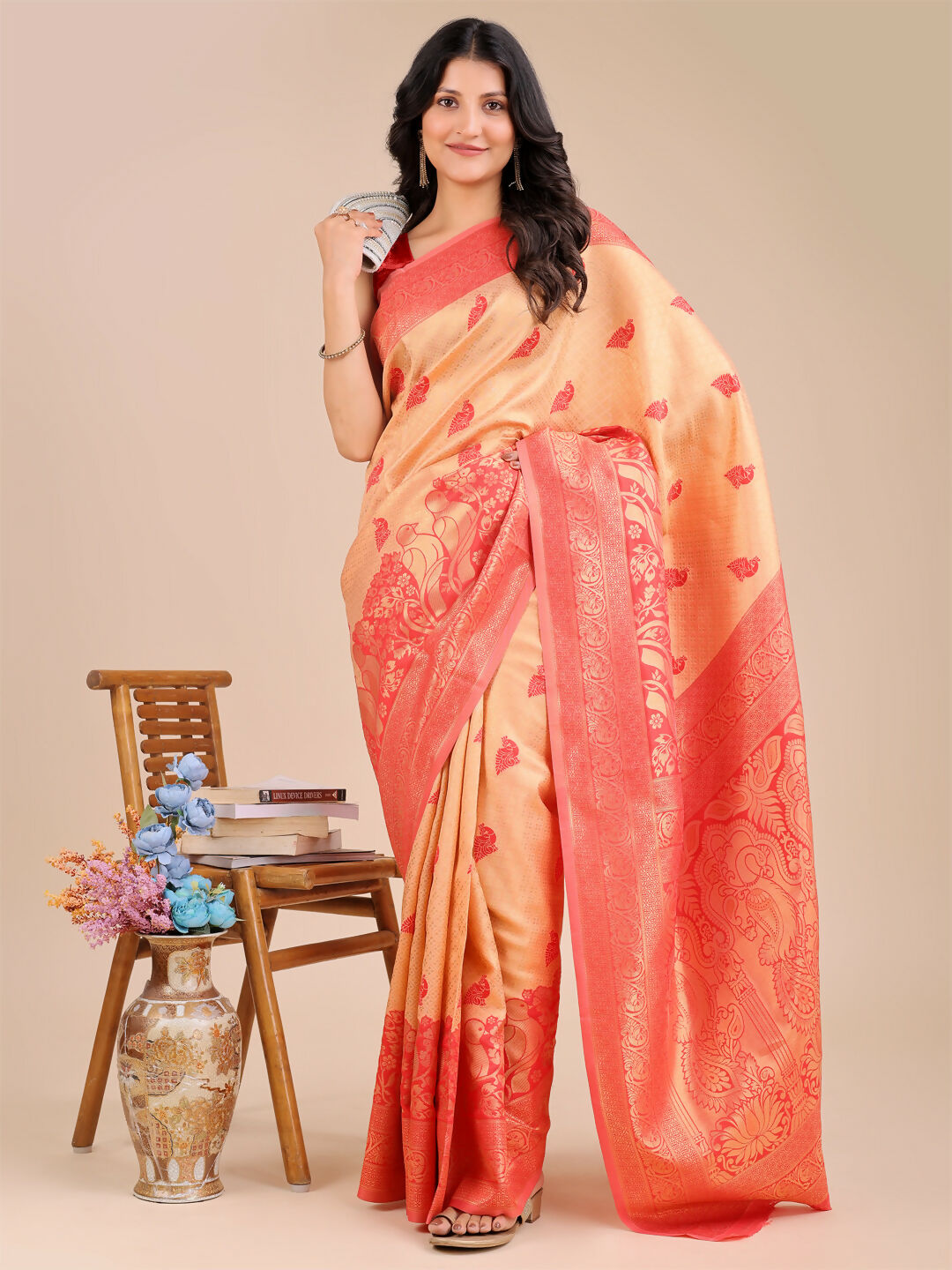 Shree Shyam Fashion Banarasi Silk Cream & Red Saree | Grocsy
