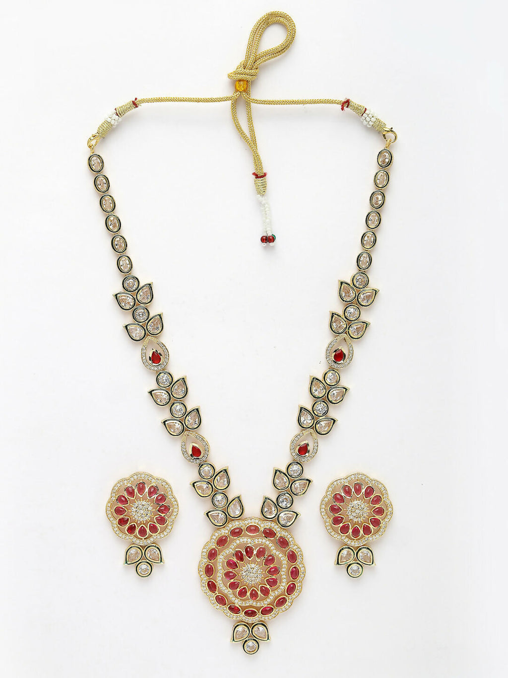 NVR Women's Red & Gold Kundan Studded Handcrafted Jewellery Set | Grocsy