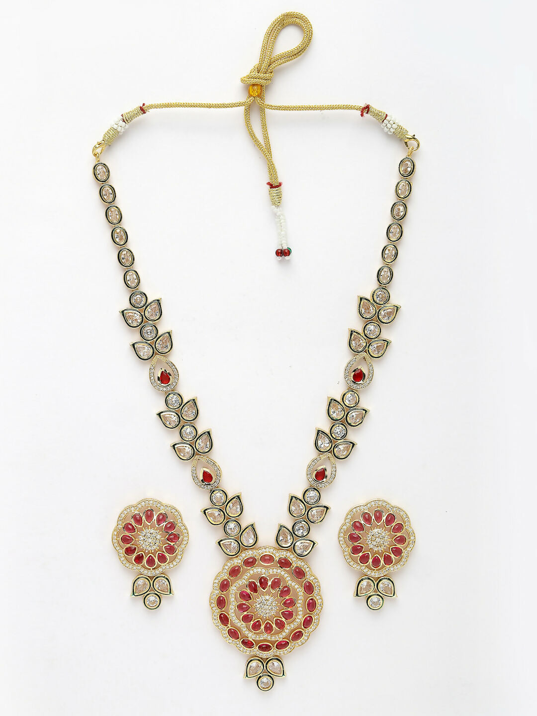 NVR Women's Red & Gold Kundan Studded Handcrafted Jewellery Set | Grocsy