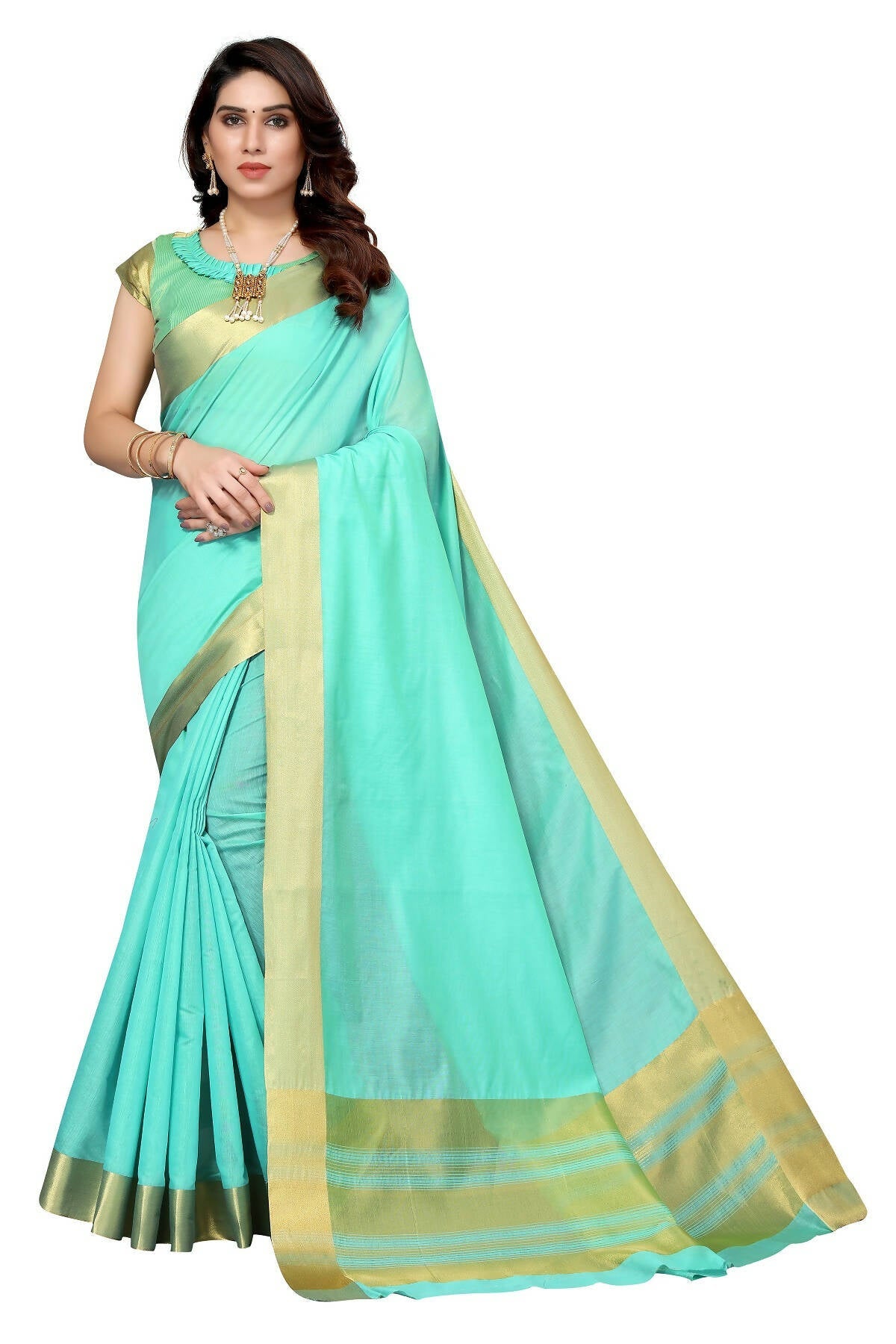 Vamika Sky Blue Cotton Polyester Silk Weaving Saree | Grocsy