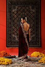 Vastranavya Designer Velvet Sequence & Zari Thread Embroidery work with border and Cutwork Saree - Wine | Grocsy