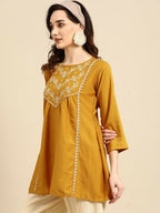 Women's Mustard Viscose blend Embroidered Short Top - Marina | Grocsy