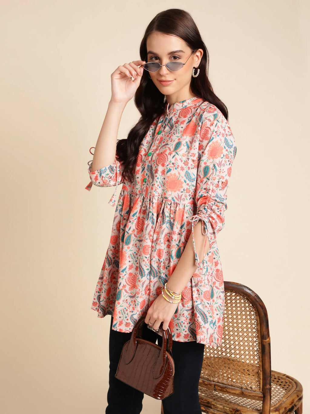 Orange Poly Rayon Digital Printed A-line Top - Tarini | Grocsy