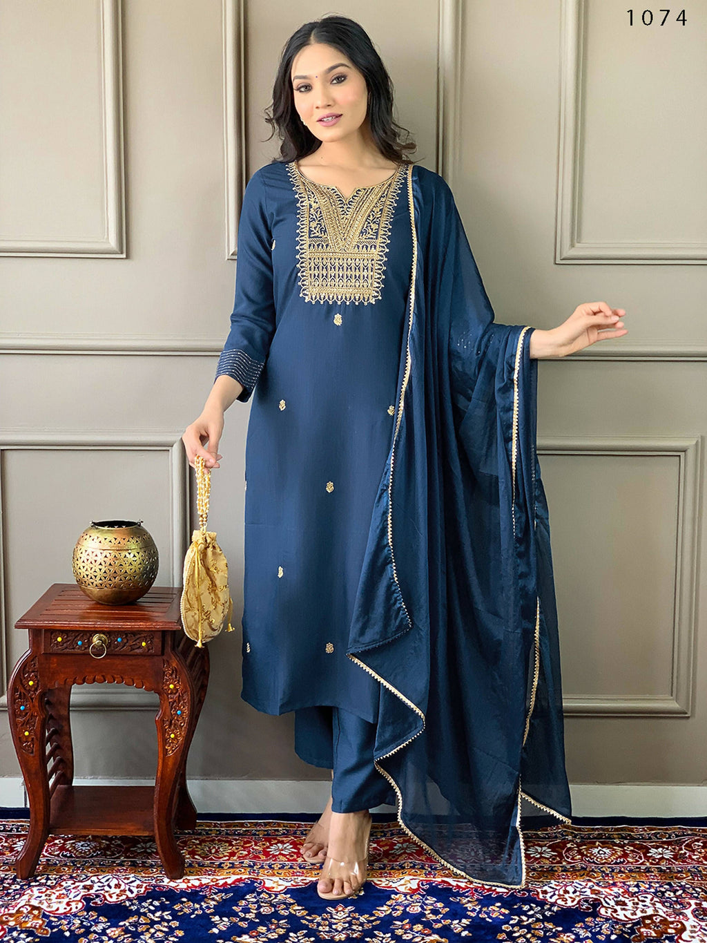 Partywear Designer Rayon Slub Blue Stitched Suit With Dupatta - Tanisha | Grocsy