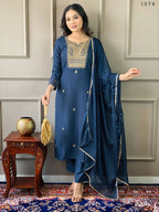 Partywear Designer Rayon Slub Blue Stitched Suit With Dupatta - Tanisha | Grocsy