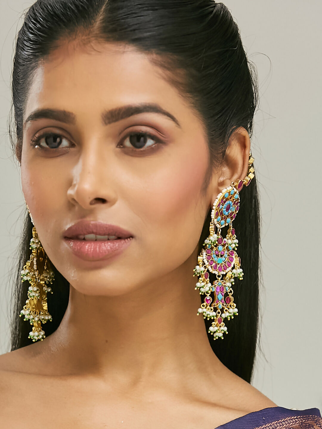 Nuyug 22K Gold-Plated Kundan Studded & Pearl Beaded Crescent Shaped Kanauti Earrings | Grocsy