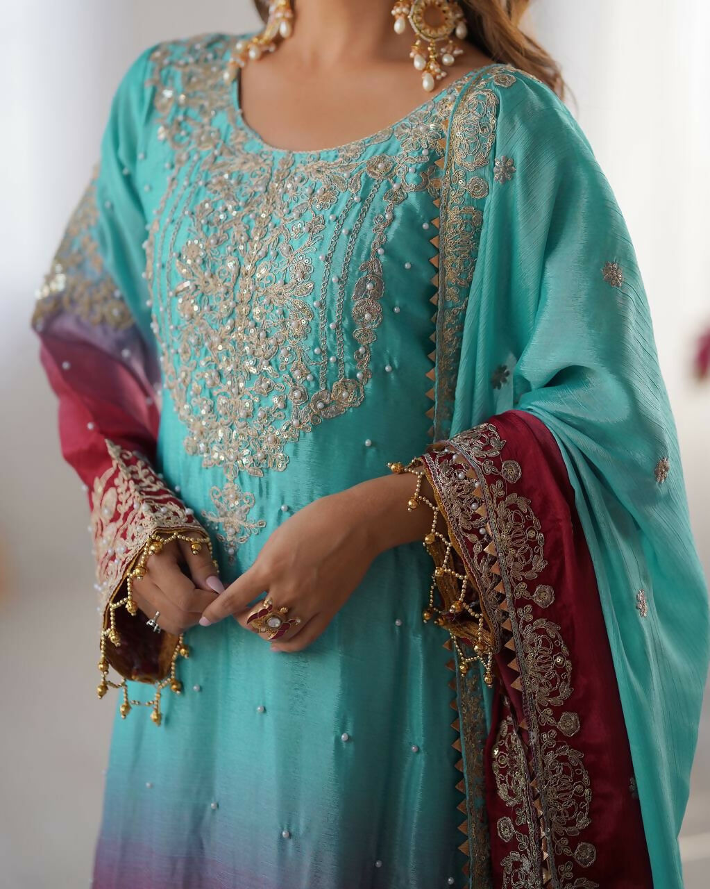 The52 Women's Beautiful Chinon silk Fabric Embroidery Work Straight Kurta Palazzo and Dupatta Set | Grocsy