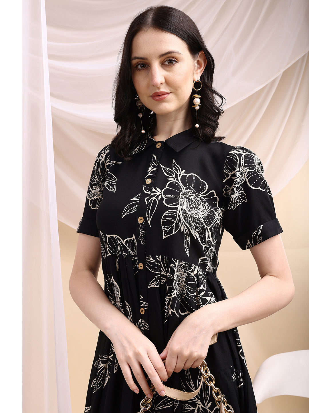 Tiered A-Line Midi Shirt Dress, Black - Hiral Fashion | Grocsy
