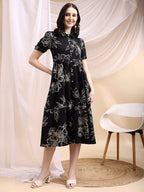 Tiered A-Line Midi Shirt Dress, Black - Hiral Fashion | Grocsy