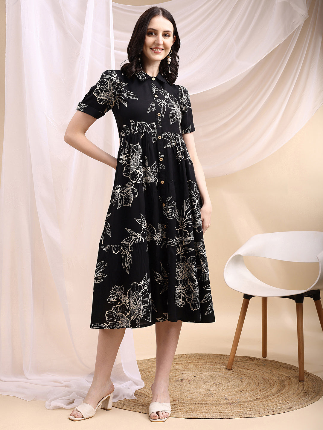 Tiered A-Line Midi Shirt Dress, Black - Hiral Fashion | Grocsy