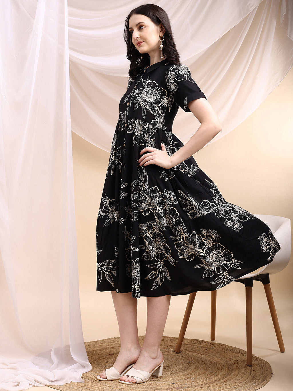 Tiered A-Line Midi Shirt Dress, Black - Hiral Fashion | Grocsy