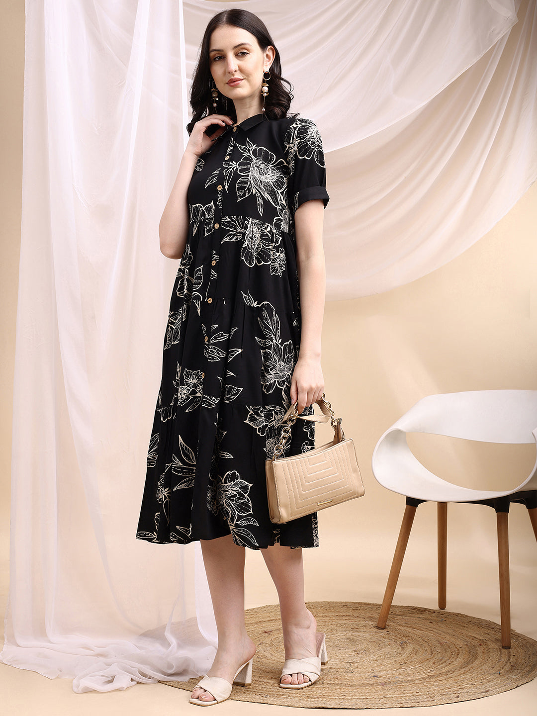 Tiered A-Line Midi Shirt Dress, Black - Hiral Fashion | Grocsy