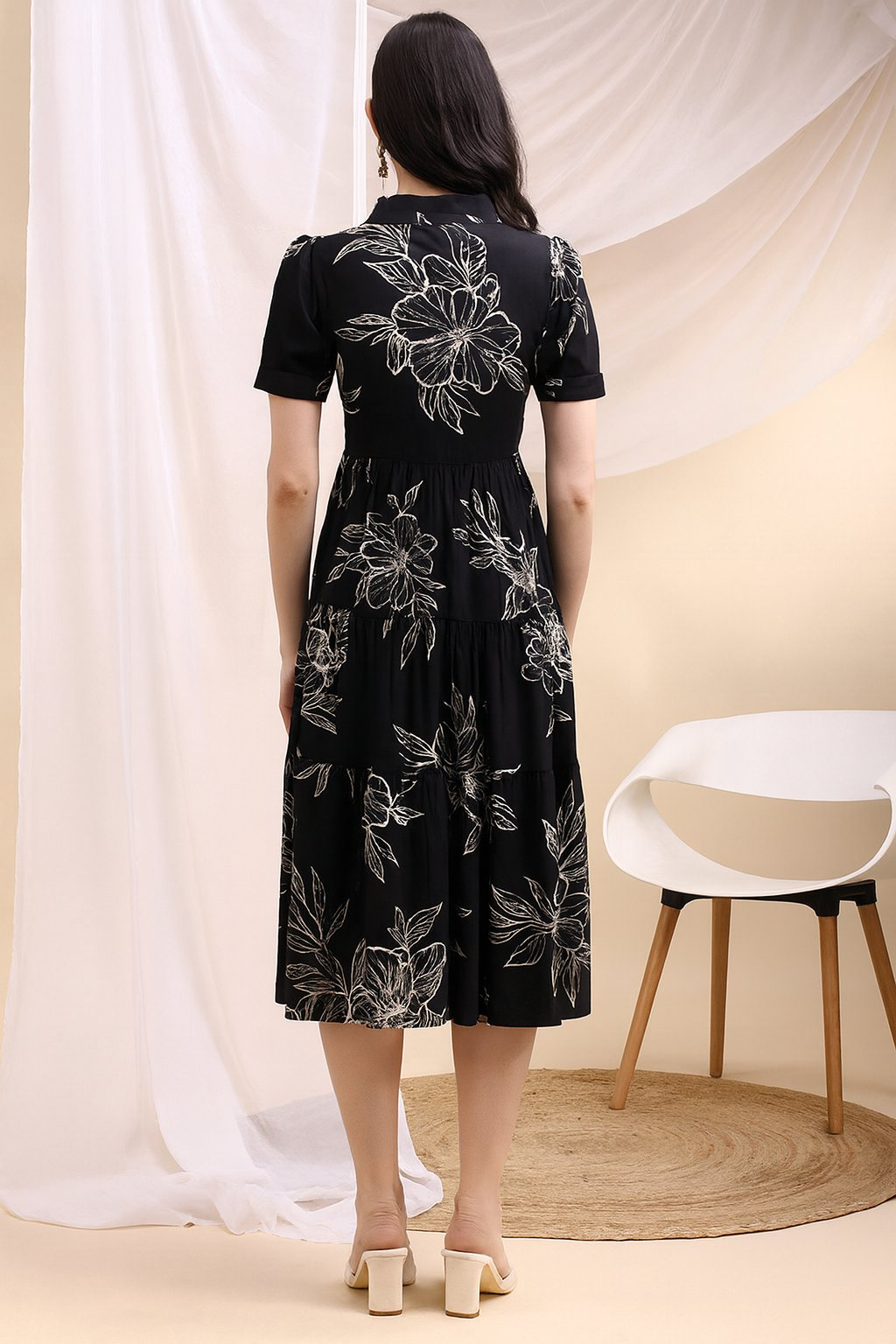Tiered A-Line Midi Shirt Dress, Black - Hiral Fashion | Grocsy