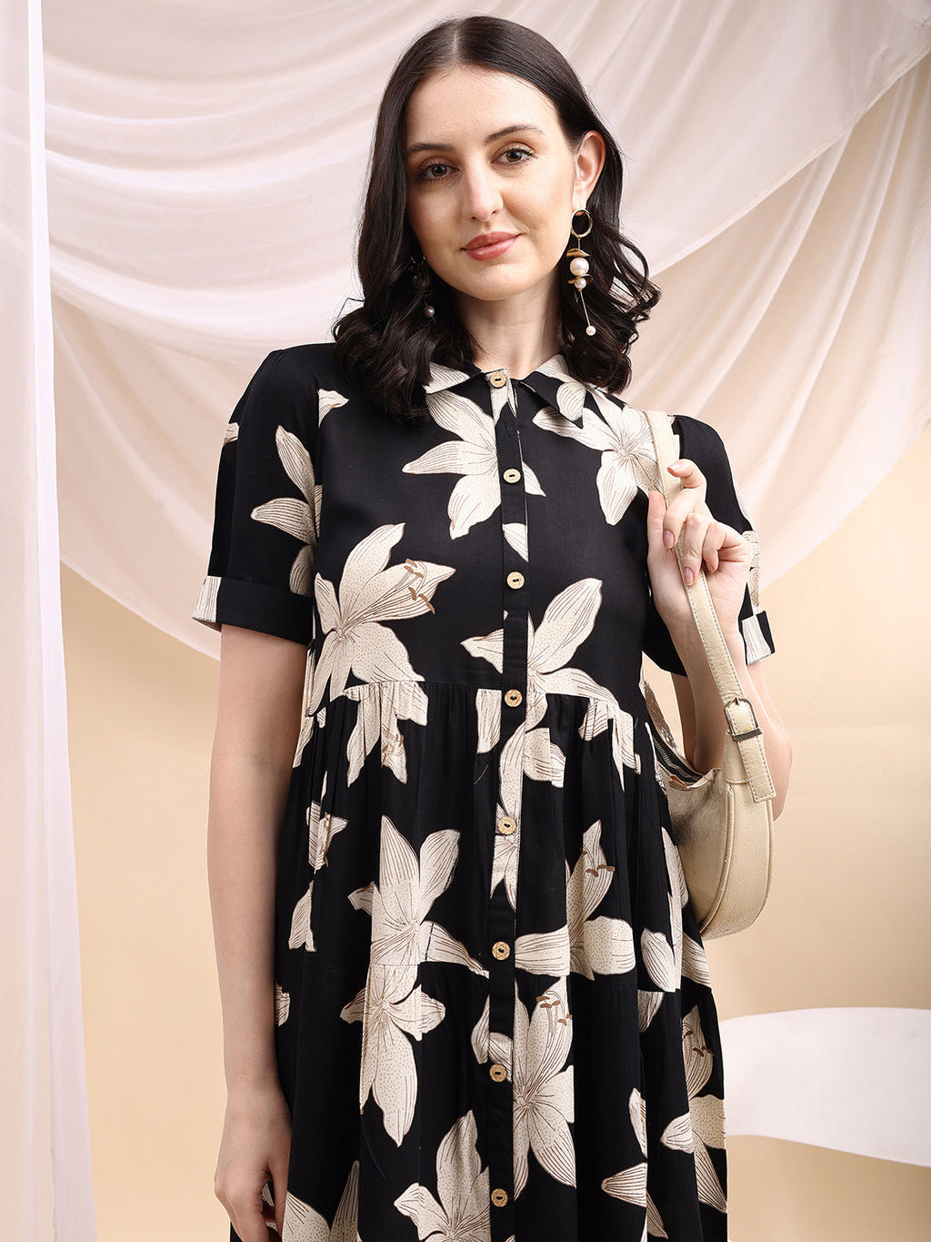 Black Midi Shirt Dress With Oversized Beige Floral Print, Black - Hiral Fashion | Grocsy