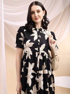 Black Midi Shirt Dress With Oversized Beige Floral Print, Black - Hiral Fashion | Grocsy