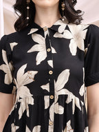 Black Midi Shirt Dress With Oversized Beige Floral Print, Black - Hiral Fashion | Grocsy