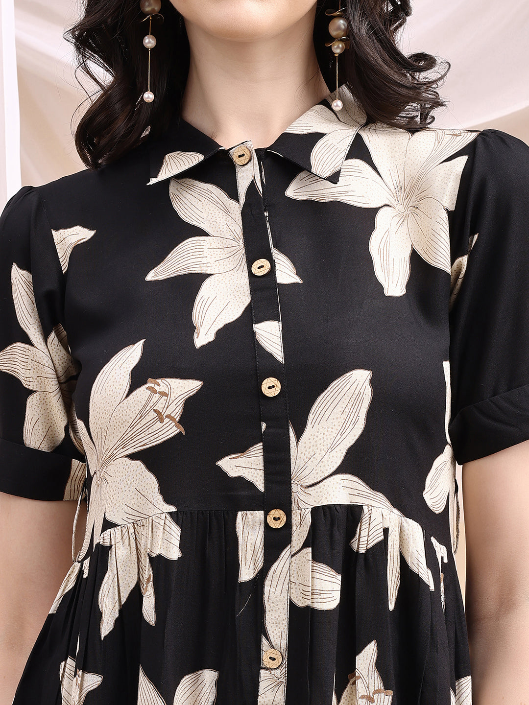 Black Midi Shirt Dress With Oversized Beige Floral Print, Black - Hiral Fashion | Grocsy