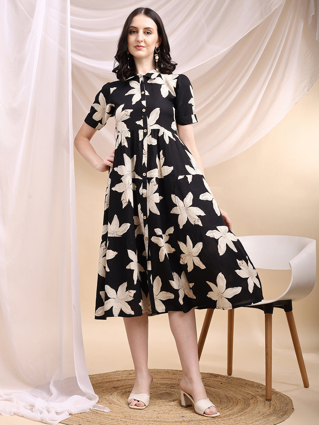 Black Midi Shirt Dress With Oversized Beige Floral Print, Black - Hiral Fashion | Grocsy