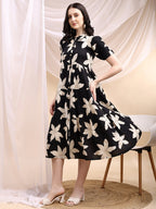 Black Midi Shirt Dress With Oversized Beige Floral Print, Black - Hiral Fashion | Grocsy