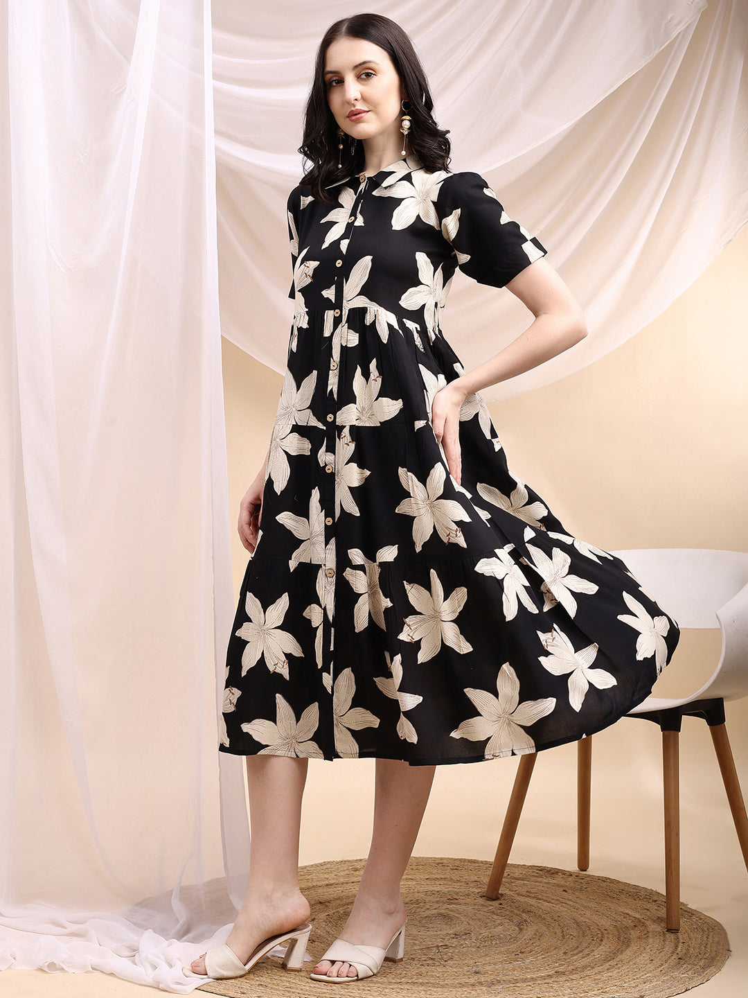 Black Midi Shirt Dress With Oversized Beige Floral Print, Black - Hiral Fashion | Grocsy