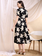 Black Midi Shirt Dress With Oversized Beige Floral Print, Black - Hiral Fashion | Grocsy