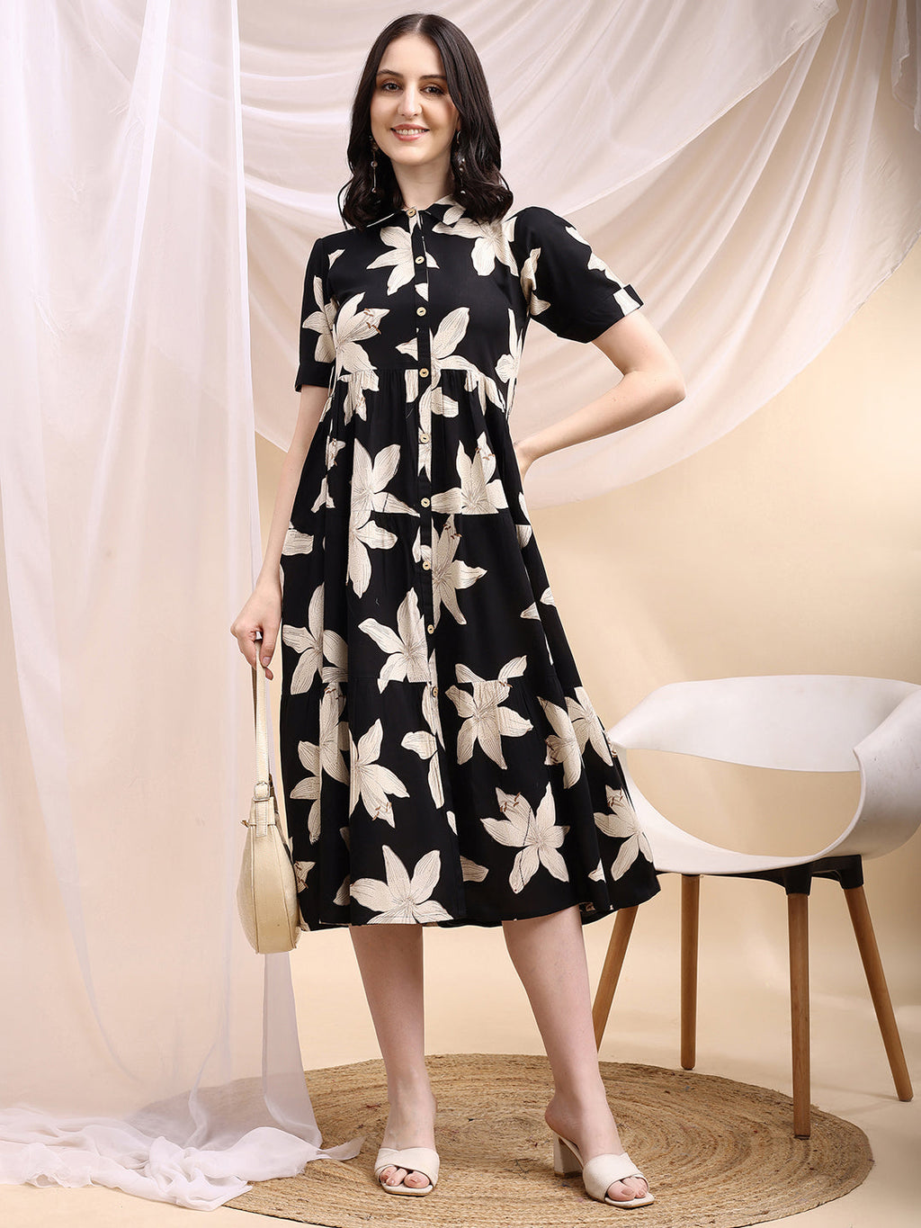 Black Midi Shirt Dress With Oversized Beige Floral Print, Black - Hiral Fashion | Grocsy
